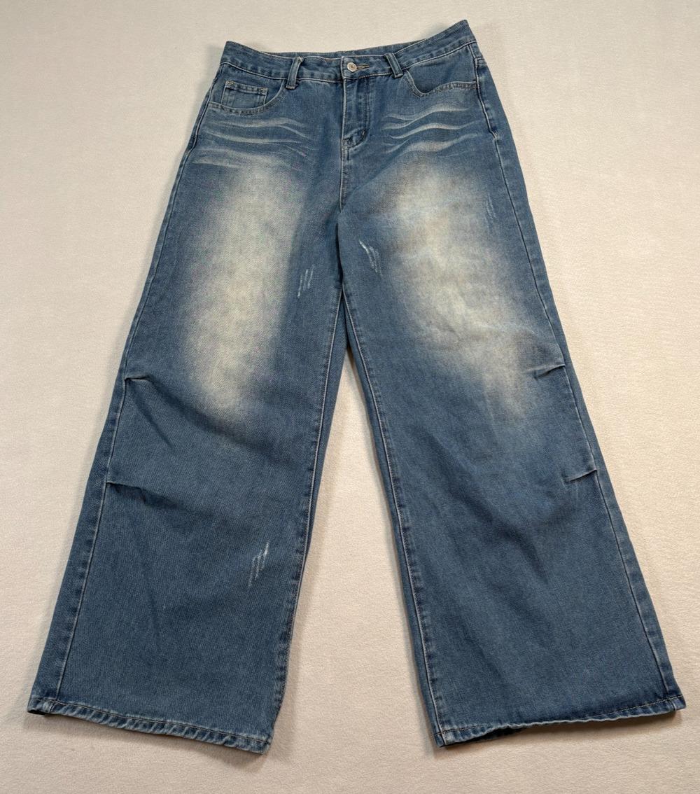 Wide Leg Distressed Denim Jeans Women's Size 8 Faded Whisker Wash Y2K